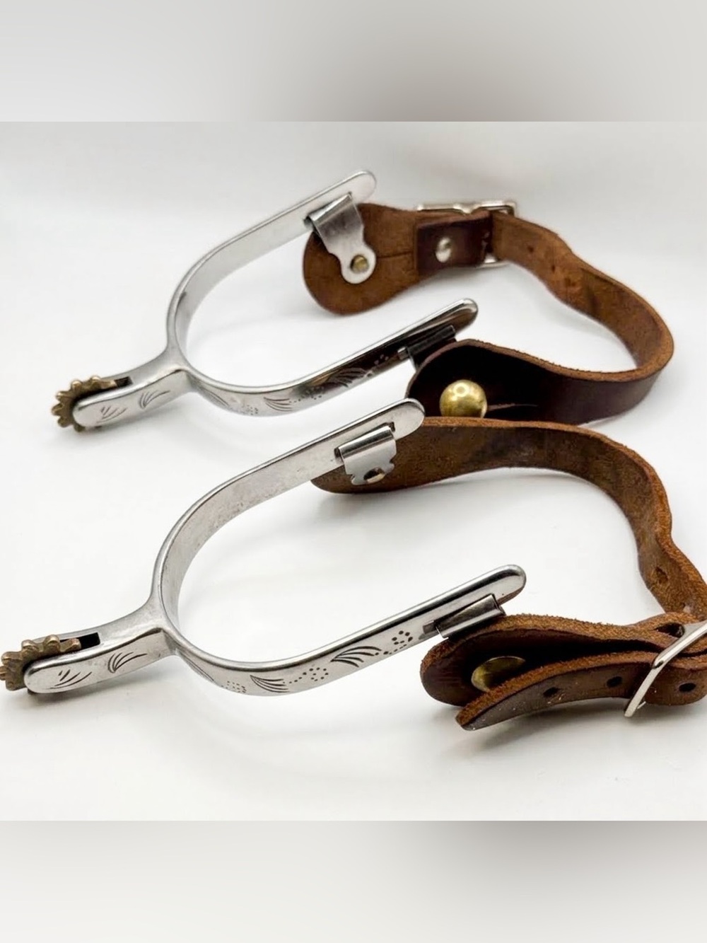 Vintage Engraved Western Cowboy Spurs with Leather Straps Pair